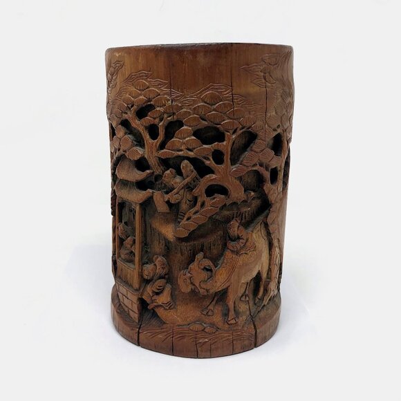 Museum-Quality Antique Chinese Deep Relief Carved Bamboo Brush Pot (Bitong)